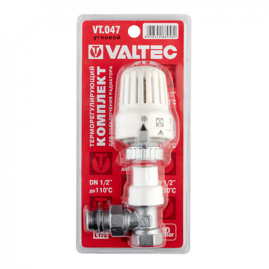 Клапан (вентиль) термостатический угловой VALTEC (VT.047.N.04) 1/2 НР(ш) х 1/2 ВР(г) для радиатора с термоголовкой