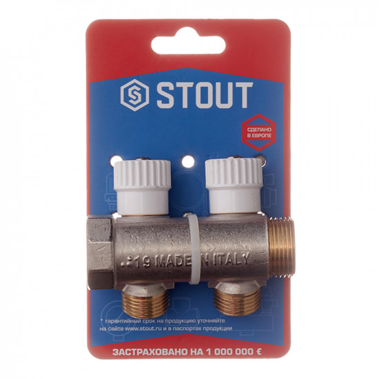 Коллектор Stout (SMB 6851 341202) 3/4 ВР(г) х 2 выхода 1/2 НР(ш) х 3/4 НР(ш) регулируeмый