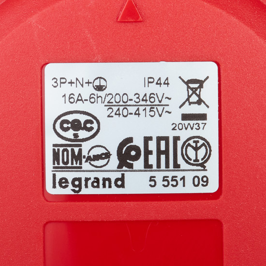 Розетка кабельная Legrand P17 TEMPRA PRO (90109) прямая переносная с заземлением 3P+N+E 3 фазы 16 А 380 В IP44 с крышкой