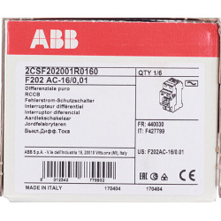 УЗО ABB F202 (2CSF202001R0160) 16А 10 мА 2P тип AC 10 кА