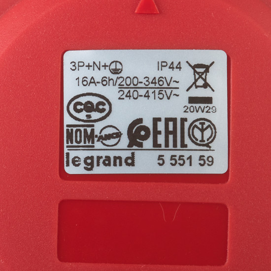 Розетка кабельная Legrand P17 TEMPRA PRO (90160) угловая настенная с заземлением 3P+N+E 3 фазы 16 А 380 В IP44 с крышкой
