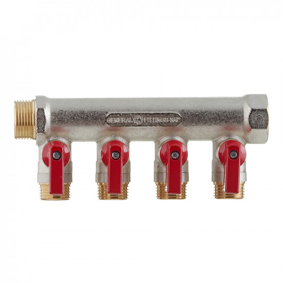 Коллектор Stout (SMB 6200 341204) 3/4 ВР(г) х 4 выхода 1/2 НР(ш) х 3/4 НР(ш) с шаровыми кранами