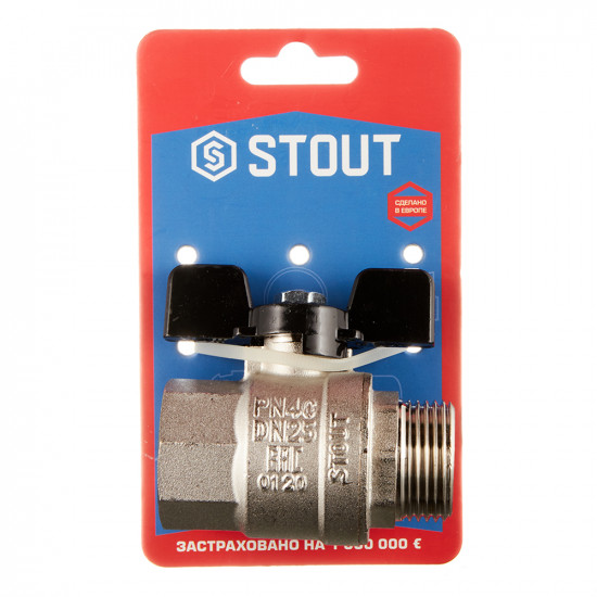 Кран шаровой латунный Stout (SVB-0004-000025) 1 ВР(г) х 1 НР(ш) бабочка прямой