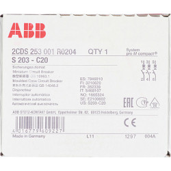 Автоматический выключатель ABB S203 (2CDS253001R0204) 3P 20А тип C 6 кА 400 В на DIN-рейку