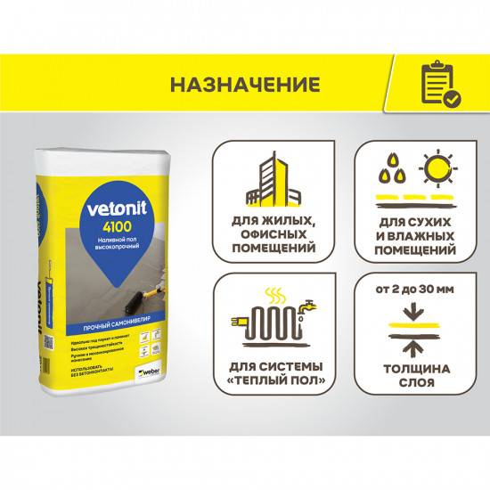 Ровнитель (наливной пол) финишный Weber.vetonit 4100 самовыравнивающийся высокопрочный 20 кг