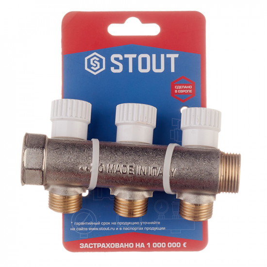 Коллектор Stout (SMB 6851 341203) 3/4 ВР(г) х 3 выхода 1/2 НР(ш) х 3/4 НР(ш) регулируeмый