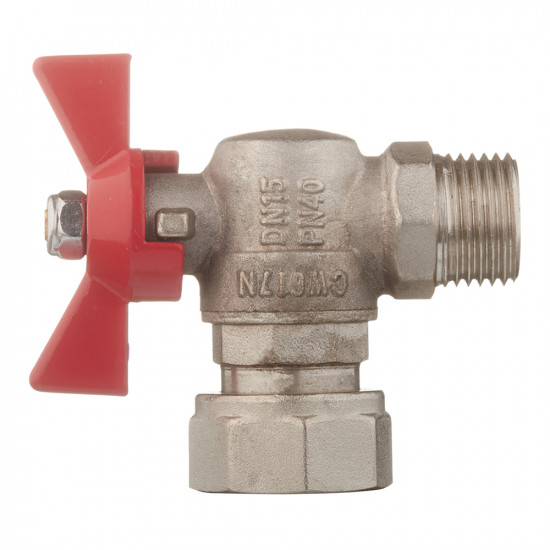 Кран шаровой латунный VALTEC Base (VT.267.N.0405) 1/2 НР(ш) х 3/4 ВР(г) T-образный бабочка с накидной гайкой угловой