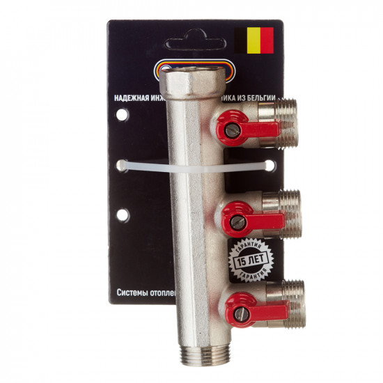 Коллектор Henco (VB050503-ROOD) 3/4 ВР(г) х 3 выхода 3/4 НР(ш) ЕК х 3/4 НР(ш) с шаровыми кранами