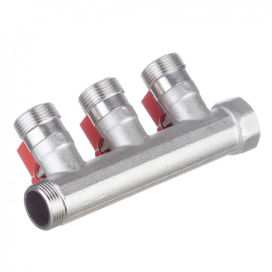 Коллектор Henco (VB050503-ROOD) 3/4 ВР(г) х 3 выхода 3/4 НР(ш) ЕК х 3/4 НР(ш) с шаровыми кранами